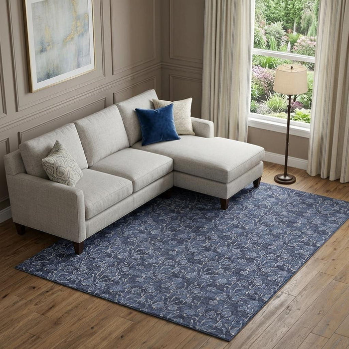 9' X 12' Floral Washable Area Rug With UV Protection (656453) - Navy Blue / Ivory