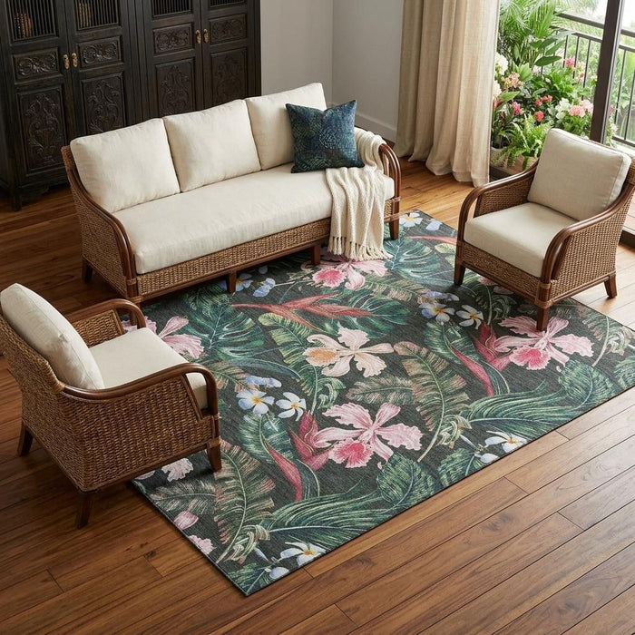 9' X 12' Geometric Washable Area Rug With UV Protection (646342) - Midnight / Green / Pink