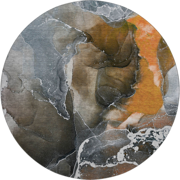 8' Abstract Washable Round Rug With UV Protection (646689) - Orange / Charcoal