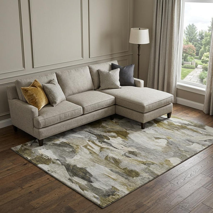 10' X 14' Abstract Washable Area Rug With UV Protection (683692) - Granite Gray / Beige / Gold