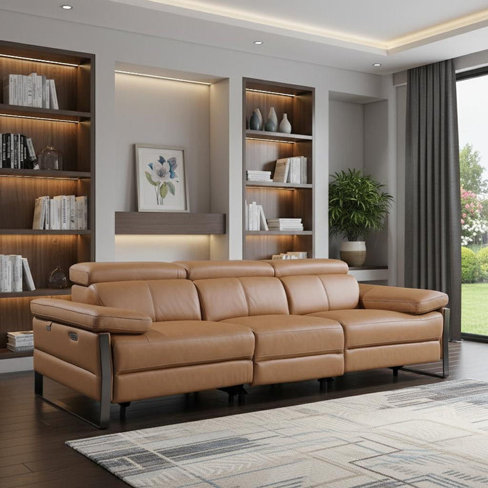 Top Grain Leather Reclining Metal USB Sofa (720337) - Chestnut