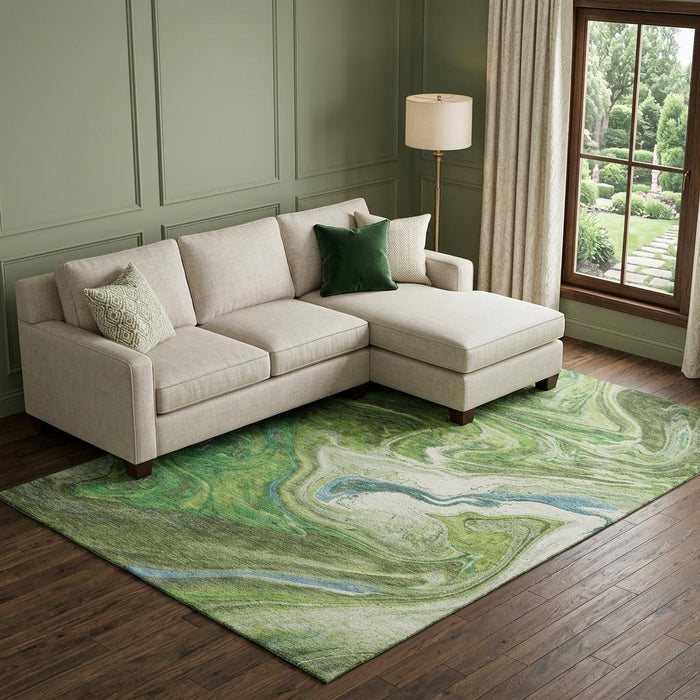 10' X 14' Abstract Washable Area Rug With UV Protection (683111) - Green / Blue / Ivory