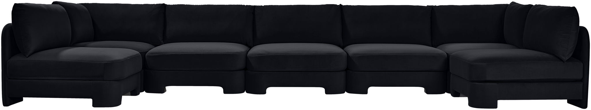 Meridian Furniture velvet U-shaped sectional sofa with armless design, featuring plush upholstery and a modern stationary style.
