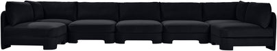 Meridian Furniture velvet U-shaped sectional sofa with armless design, featuring plush upholstery and a modern stationary style.