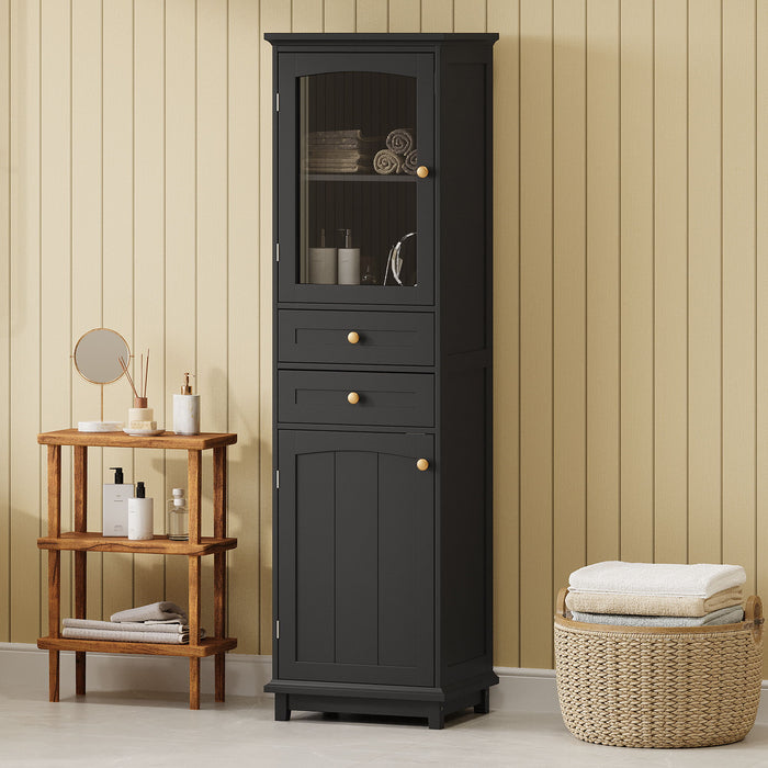 Giga tall linen cabinet with glass doors, two drawers, adjustable shelves, free-standing in a painted finish for bathroom storage