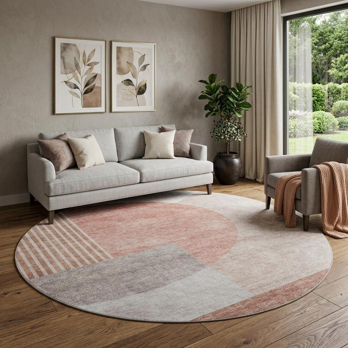 8' Geometric Washable Round Rug With UV Protection (655827) - Copper / Gray / Ivory