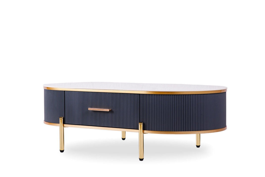 White and gold oval coffee table with stone and stainless steel frame featuring a built-in drawer, modern HomeRoots design.
