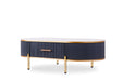 White and gold oval coffee table with stone and stainless steel frame featuring a built-in drawer, modern HomeRoots design.