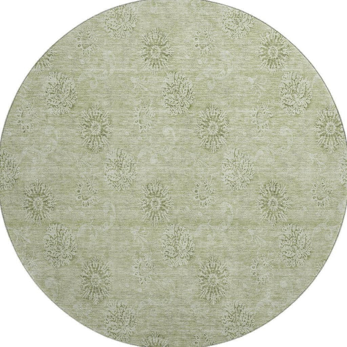 8' Floral Washable Round Rug With UV Protection - Sage And Ivory