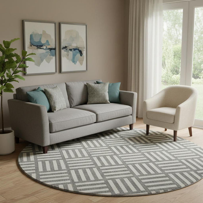 8' Geometric Washable Round Rug With UV Protection (652344) - Charcoal / Ivory