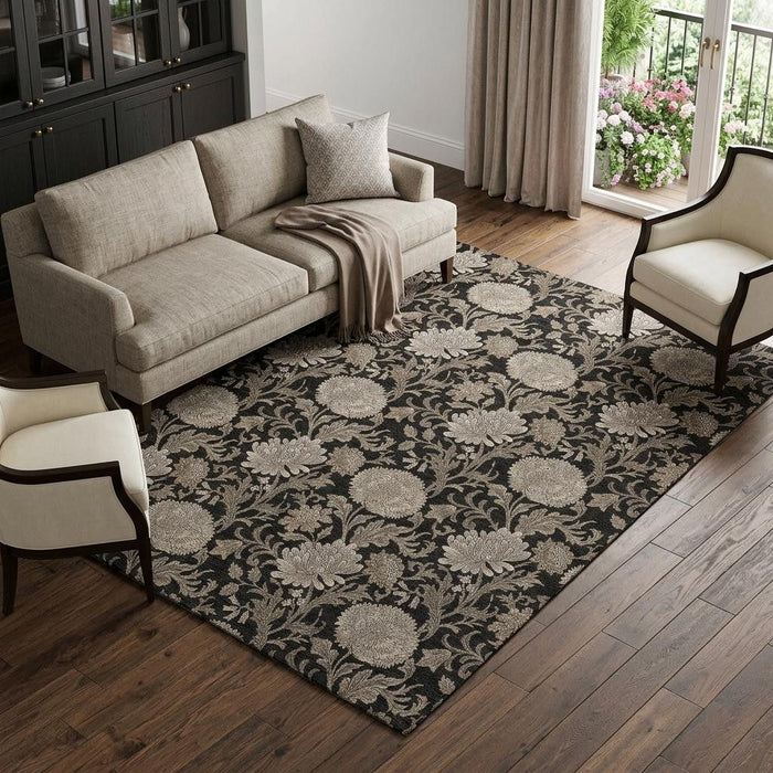 10' X 14' Floral Washable Area Rug With UV Protection (655776) - Black / Beige