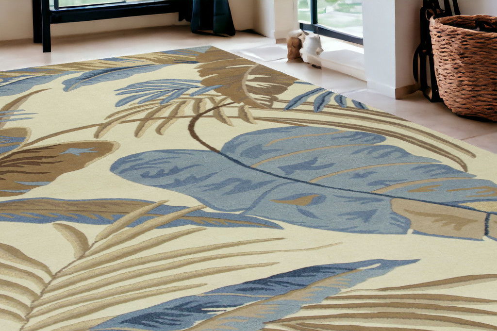 5' x 8' Wool Tropical Botanical Hand Tufted Area Rug - Ivory And Blue