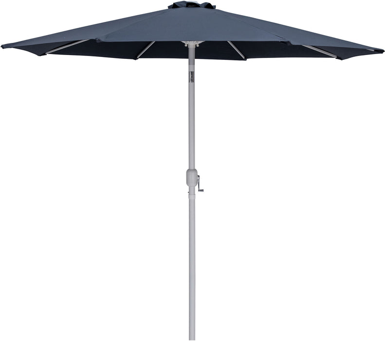Fiji aluminum patio umbrella by Meridian Furniture with round black and white base, providing shade and outdoor style.