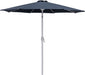 Fiji aluminum patio umbrella by Meridian Furniture with round black and white base, providing shade and outdoor style.