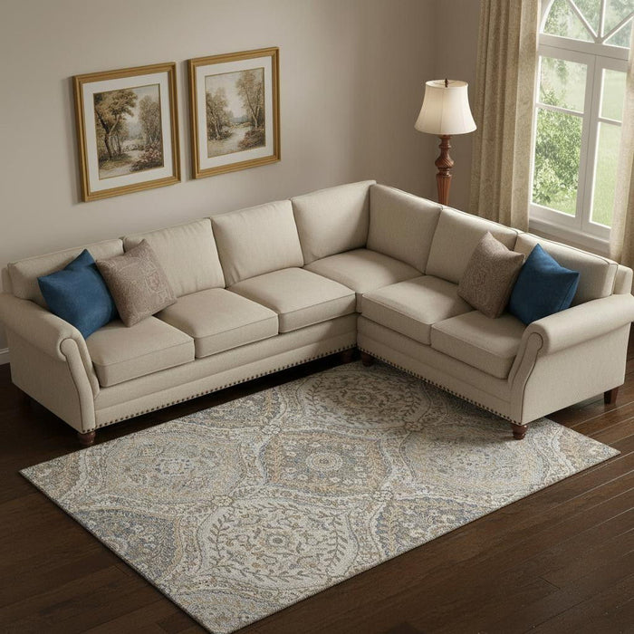 10' X 14' Floral Washable Area Rug With UV Protection (710292) - Beige / Ivory / Blue