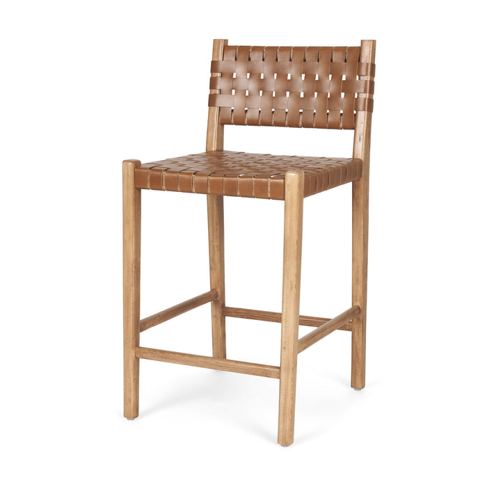 Brown leather and wood counter height bar chair with a low back, suitable for 24-27 inch counter heights, by HomeRoots.