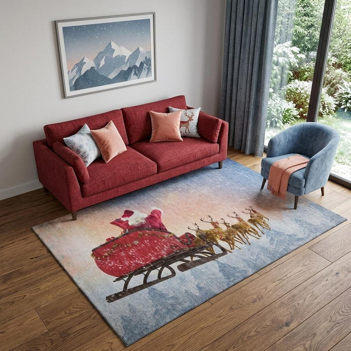 5' X 8' Christmas Santa Claus Washable Area Rug With UV Protection (646405) - Blue / Red / Brown