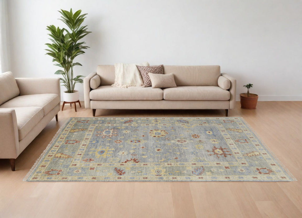 12' x 15' Wool Floral Hand Knotted Area Rug With Fringe - Light Blue And Taupe