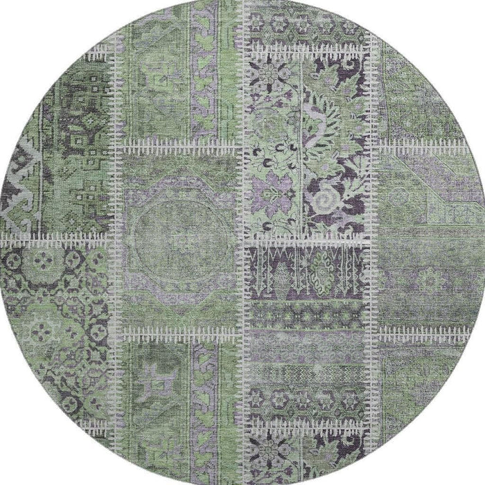 8' Patchwork Washable Round Rug With UV Protection (653245) - Green / Purple