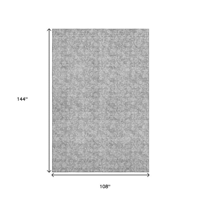 9' X 12' Floral Washable Area Rug With UV Protection (656423) - Silver / Ivory