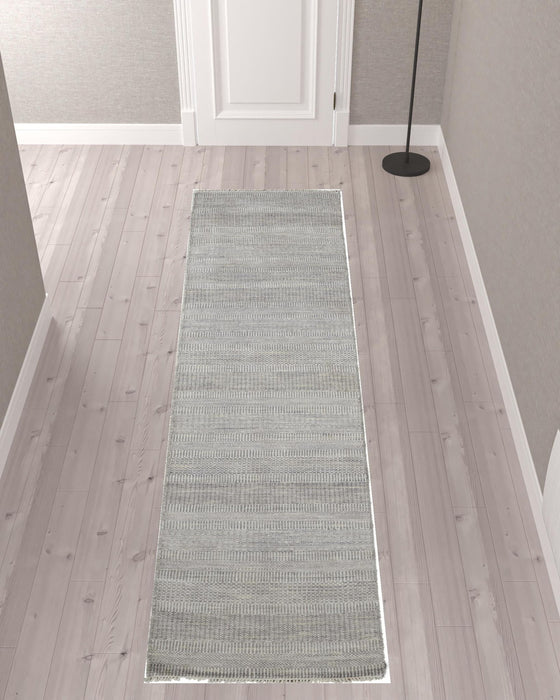 10' Wool Striped Hand Knotted Runner Rug - Silver