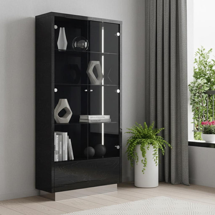 Wood Display Cabinet With LED With Two Doors One Drawer - Dark Gray