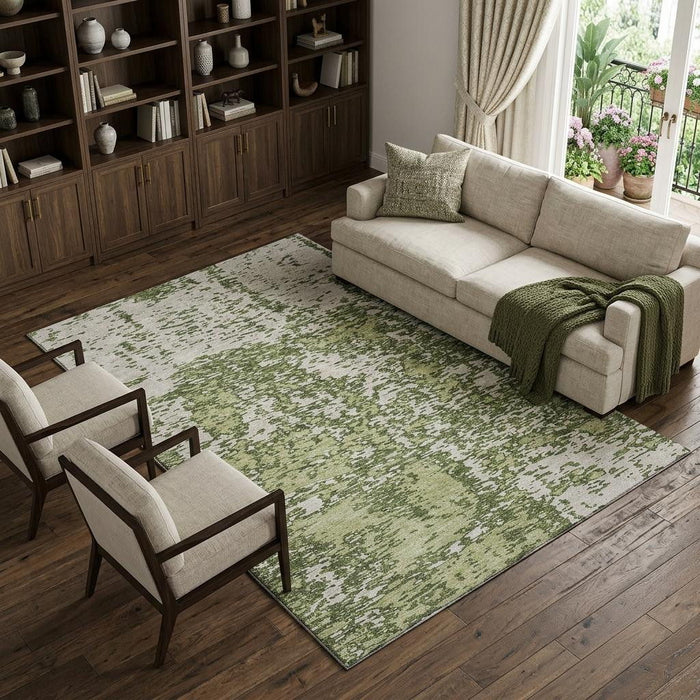 10' X 14' Abstract Washable Area Rug With UV Protection (675264) - Olive Green / Ivory