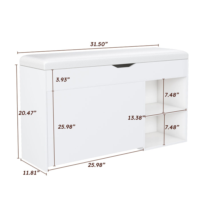 Giga modern white entryway storage bench with adjustable 3-tier flip-up drawers and hidden cabinet for organized seating.