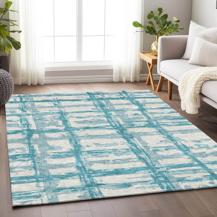 10' X 14' Striped Washable Area Rug Polyester With UV Protection - Teal And Ivory