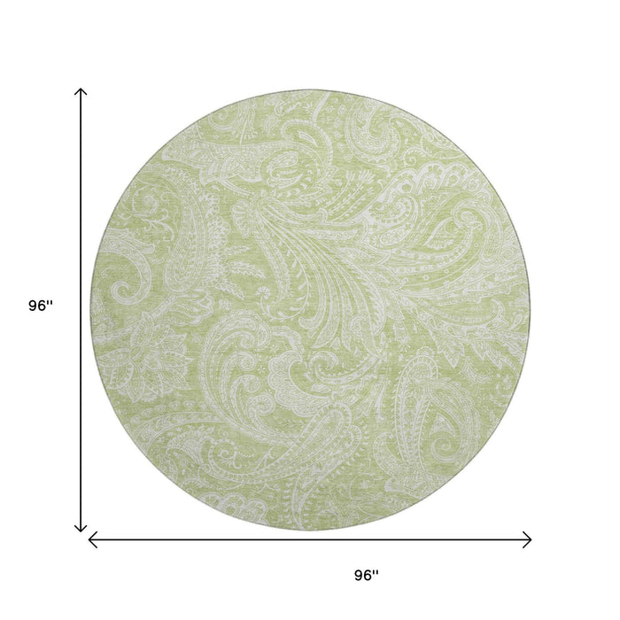 8' Paisley Washable Round Rug With UV Protection (654629) - Artichoke Green / Ivory