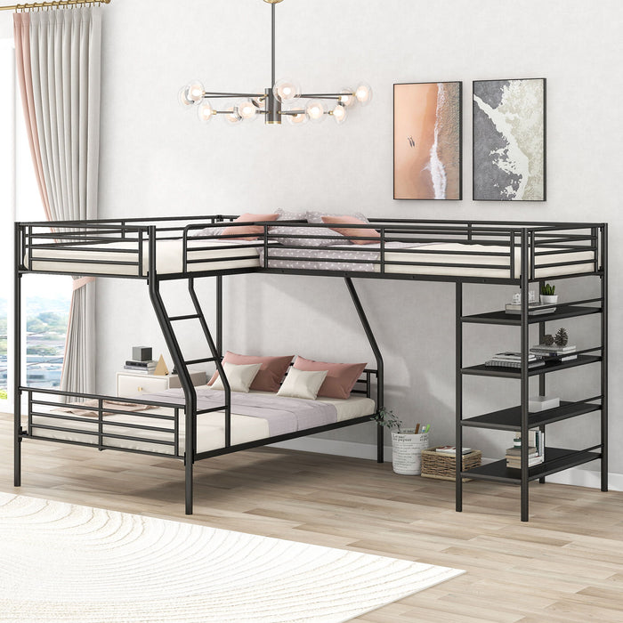 Black Giga L-shaped twin over full bunk bed with twin loft, featuring four built-in shelves and sturdy metal frame.