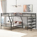Black Giga L-shaped twin over full bunk bed with twin loft, featuring four built-in shelves and sturdy metal frame.