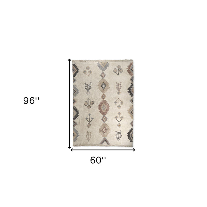 5' X 8' Tribal Hand Woven Area Rug With Fringe - Beige And Brown