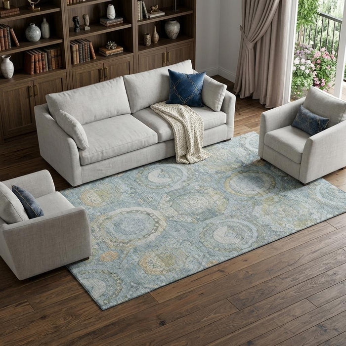 10' X 14' Mosaic Washable Area Rug With UV Protection (696404) - Blue / Gold / Gray