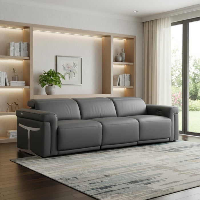 Top Grain Leather Reclining Metal USB Sofa (720359) - Dark Gray