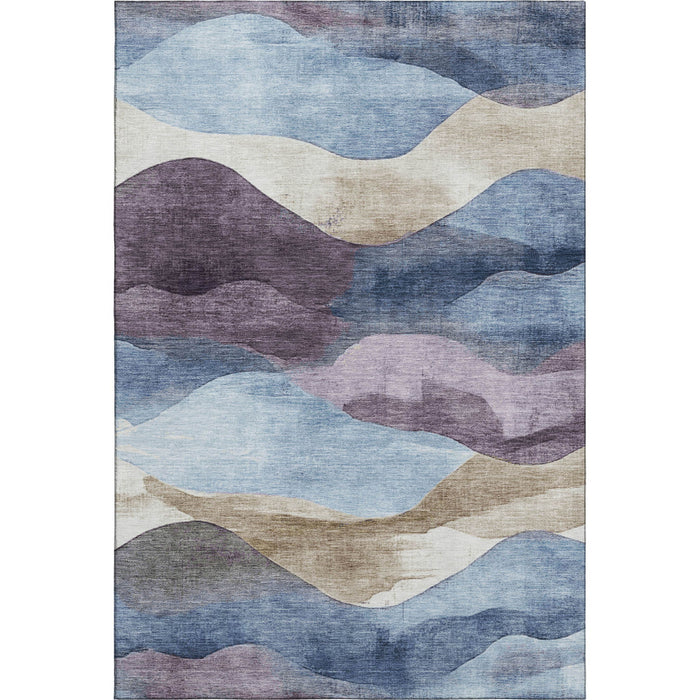 10' X 14' Abstract Washable Area Rug With UV Protection (709618) - Denim Blue / Beige / Eggplant