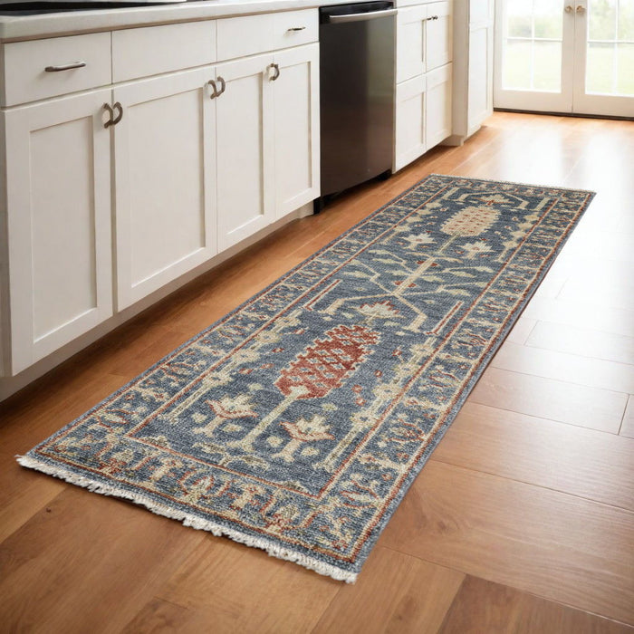 8' Wool Floral Hand Knotted Stain Resistant Runner Rug With Fringe - Gray Gold And Red