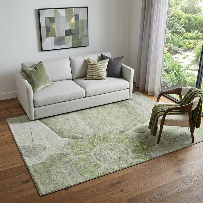 5' X 8' Floral Washable Area Rug With UV Protection (656779) - Artichoke Green / Gray / Ivory