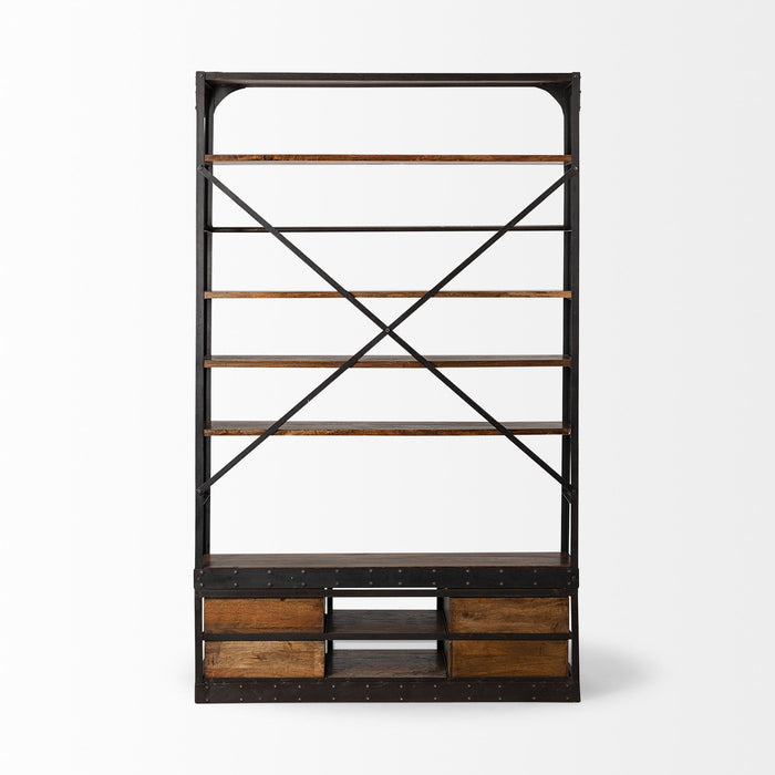 Four Tier Library Bookcase With Four Drawers - Black / Brown / Copper