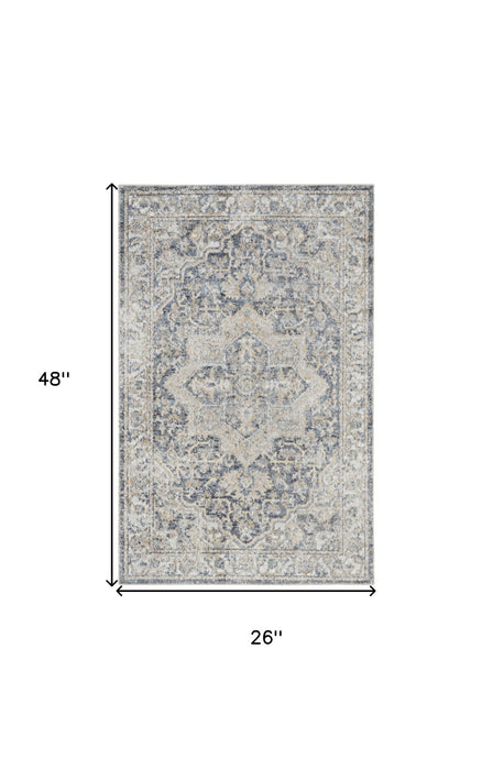 2' X 4' Floral Medallion Washable Area Rug (546915) - Blue / Gray
