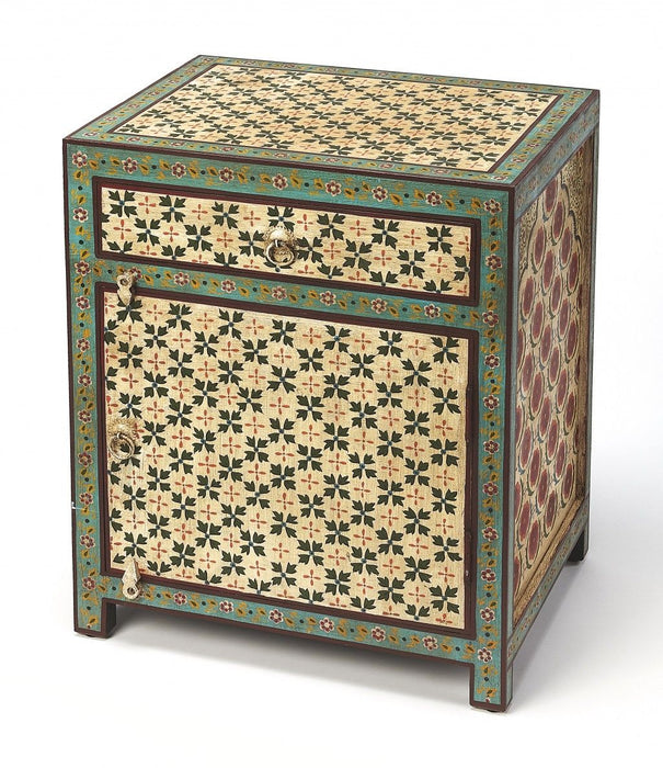 Brown and green accent cabinet with ivory drawer from HomeRoots, featuring a stylish and functional design for versatile storage.