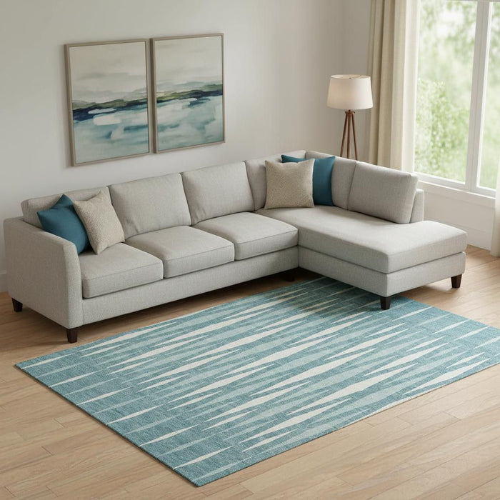 10' X 14' Geometric Washable Area Rug With UV Protection (670087) - Teal / Ivory