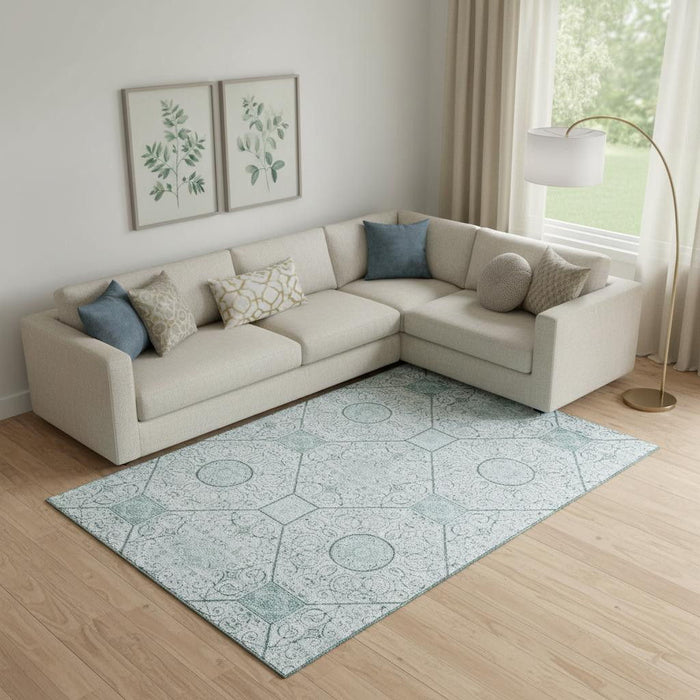 10' X 14' Geometric Washable Area Rug With UV Protection (700023) - Aqua / Ivory