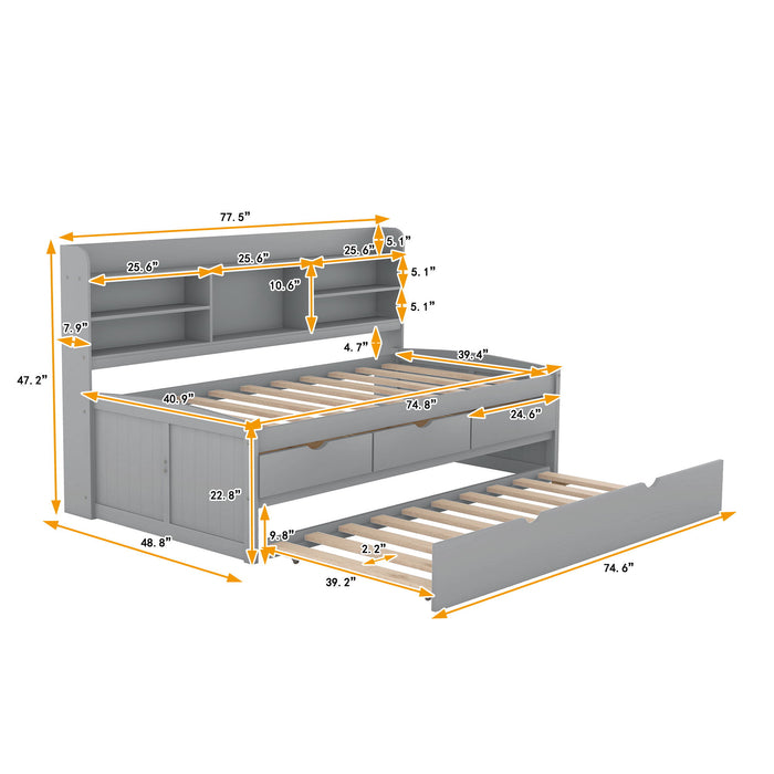 Giga captain bed with built-in bookshelves, three storage drawers, and a trundle bed for versatile sleeping and storage options.