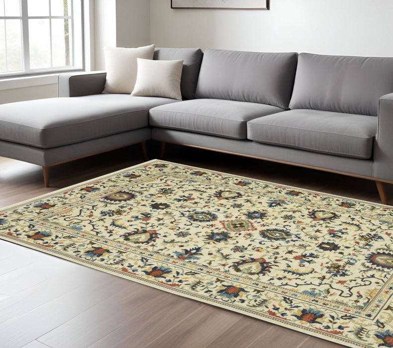 7' X 10' Oriental Area Rug With Fringe - Ivory / Orange
