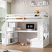 White Giga full size loft bed with built-in desk, shelves, storage drawers, and staircase, showcasing a modern bedroom setup.