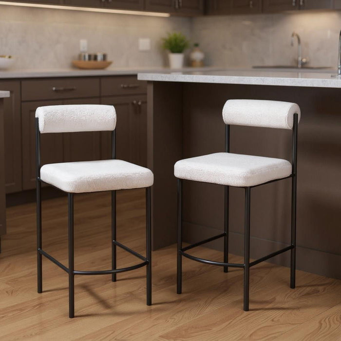 26" Faux Shearling And Steel Low Back Counter Height Bar Chairs (Set of 2) - Ivory / Black