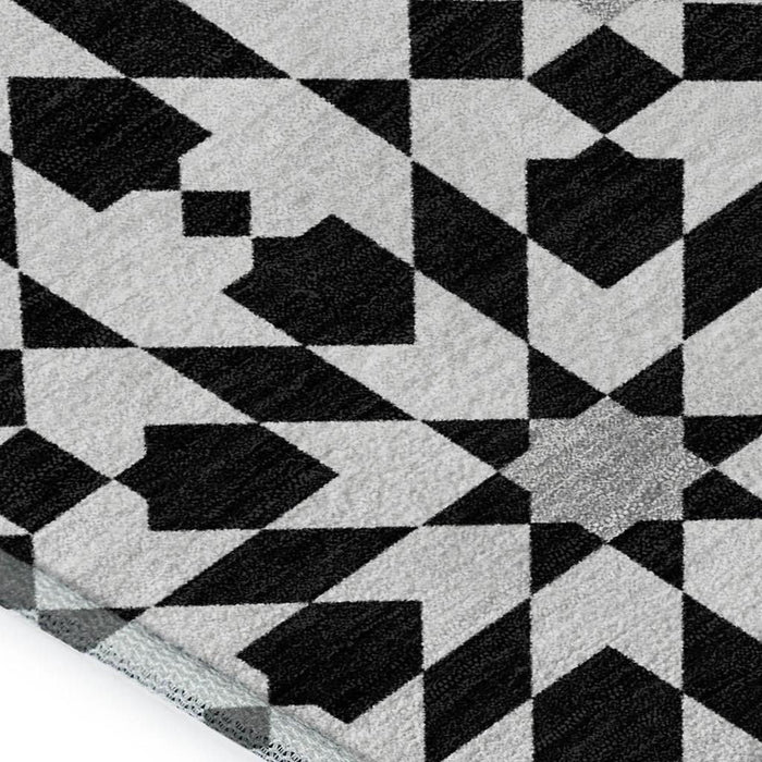 9' X 12' Geometric Washable Area Rug With UV Protection - Black And Silver
