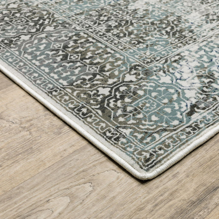 8' x 11' Oriental Power Loom Stain Resistant Area Rug - Ivory Gray Charcoal Blue And Rust