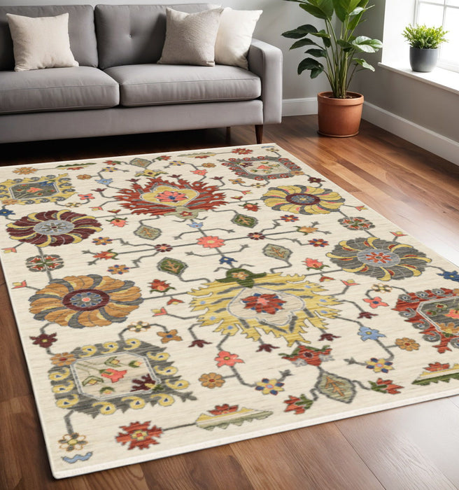 5' x 8' Oriental Power Loom Stain Resistant Area Rug With Fringe - Ivory Yellow Rust Green Gray Pink Orange Blue And Gray